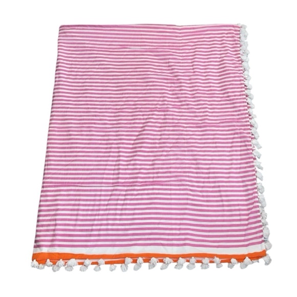 Serena & Lily Pink White Orange Stripe Cotton Pom Pom Twin Size Coverlet‎ - Picture 5 of 9